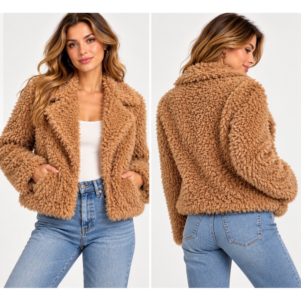 BlankNYC Womens S Brown Teddy Sherpa Faux Fur Cropped Jacket Coat Pockets Cozy